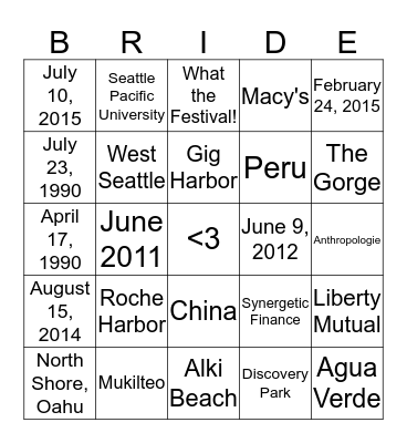 Katie's Bridal Bingo Card