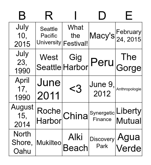 Katie's Bridal Bingo Card