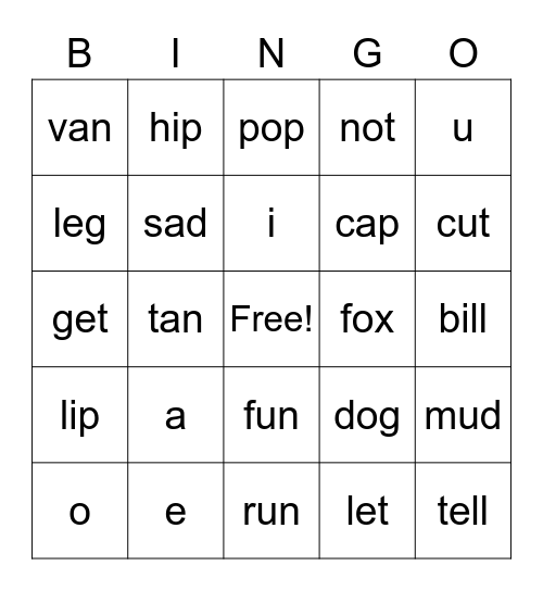 Short Vowels Bingo Card