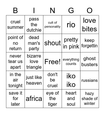 1980s Bingo Card