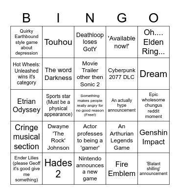 Emm's Delusional Game Awards Cope Card Bingo Card