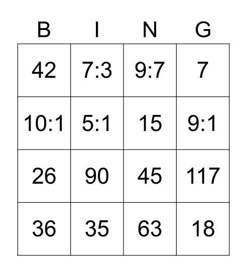 Ratio Word Problems Bingo Card