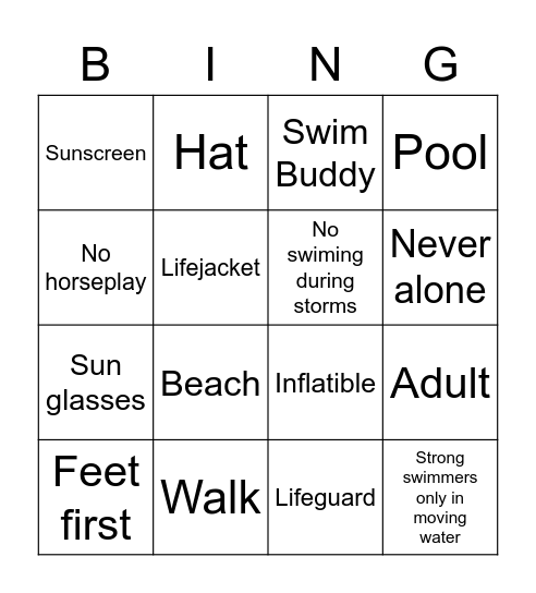 Water Safety Bingo Card