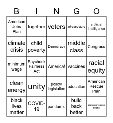 2021 State of Union Address Bingo Card