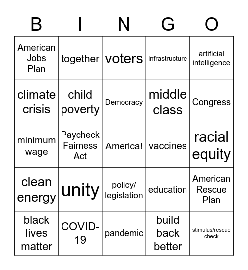 2021 State of Union Address Bingo Card