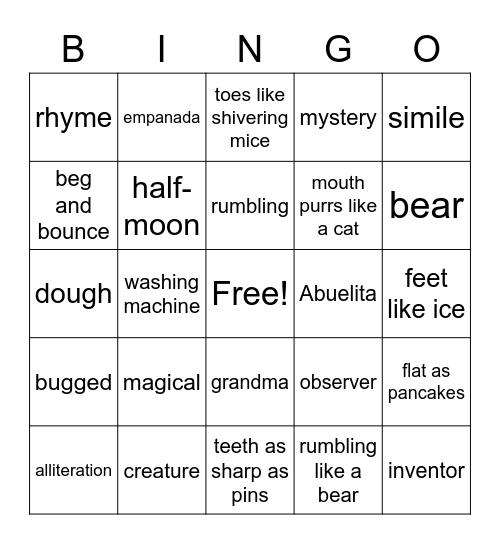 G3 U2 W5 POETRY Bingo Card
