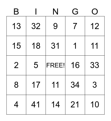 Mental Math Bingo Card