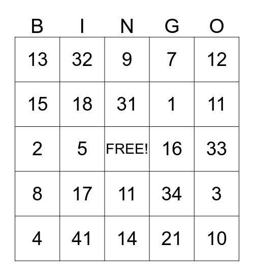 Mental Math Bingo Card