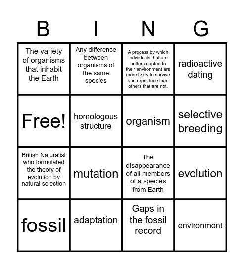 Natural Selection Bingo Card