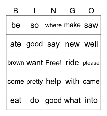 Sight Words Bingo Card