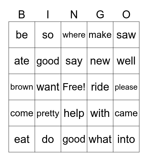 Sight Words Bingo Card