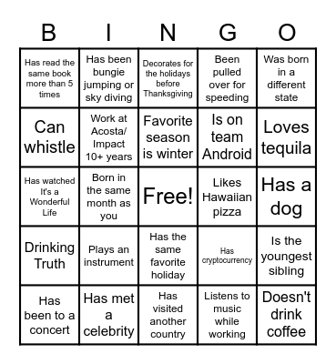 Acosta Holiday Bingo Card
