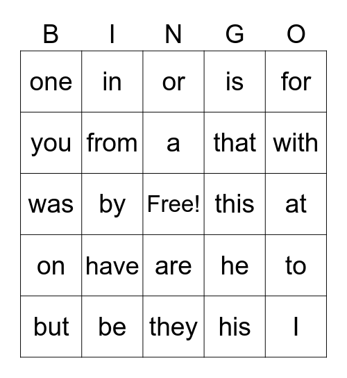 Set A6 Bingo Card