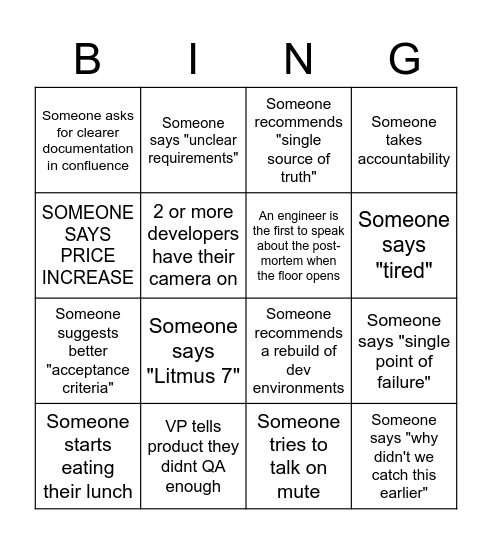 Post Mortem Bingo Card