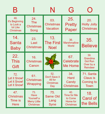 Christmas Songs Bingo Card