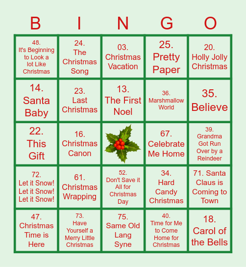 Christmas Songs Bingo Card