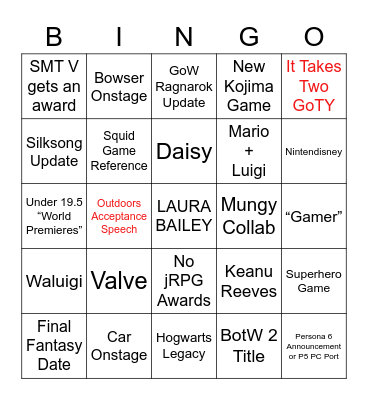 TGA 2021 Bingo Card