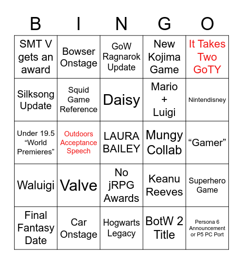 TGA 2021 Bingo Card