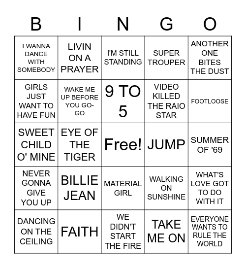 PCI ROCK & ROLL  Bingo (80'S ) Bingo Card