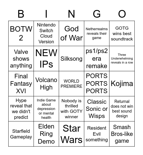 The Game Awards Bingo Card