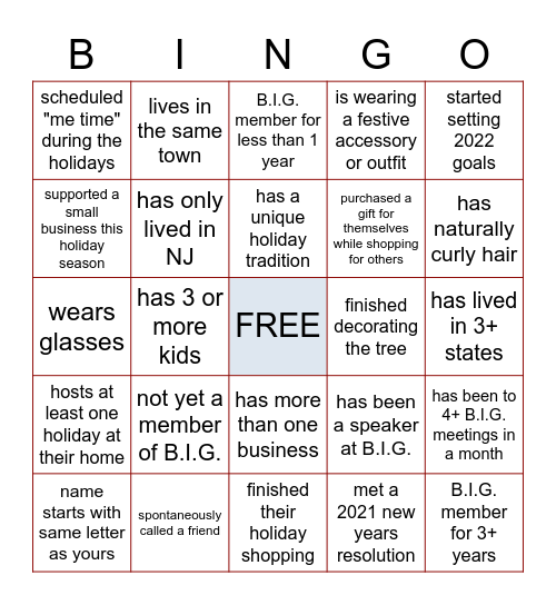 B.I.G. Holiday Bingo Card