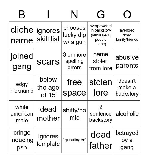 shitty tsf bio Bingo Card