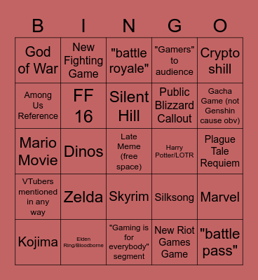 Game Awards 2021 Bingo Card