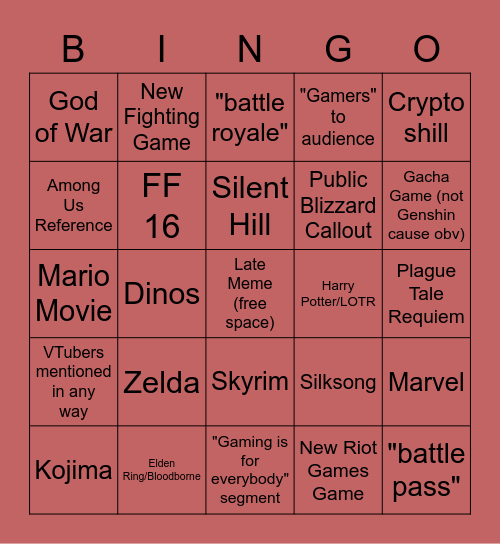 Game Awards 2021 Bingo Card