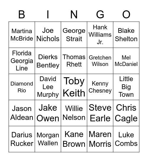 Name That Artist: Country Edition Bingo Card