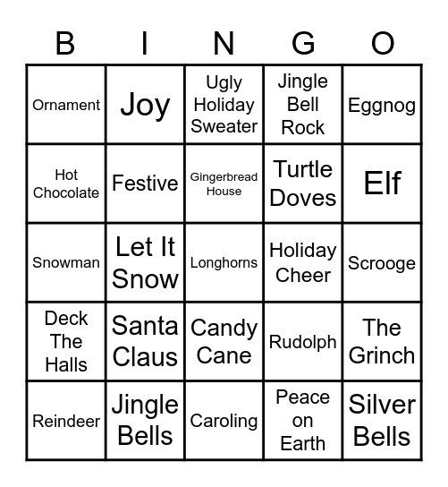 Longhorn Holiday Bingo Card