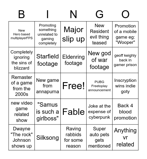 The Game Awards Bingo Card