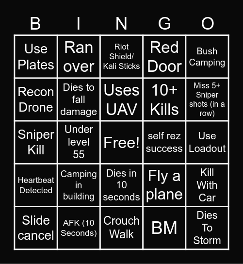 warzone Bingo Card