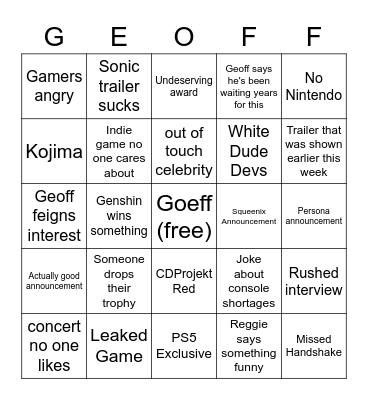 Game Awards 2021 Bingo Card