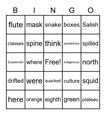 Spelling Word Bingo Card
