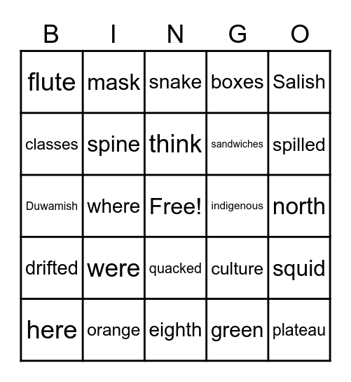 Spelling Word Bingo Card