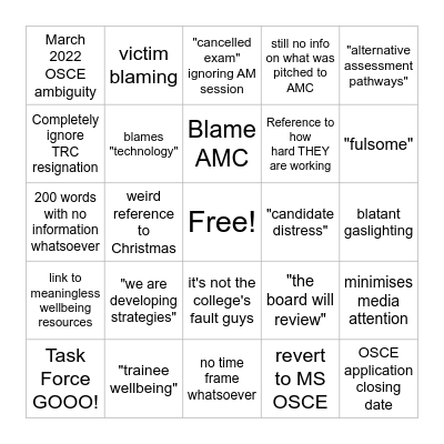 RANZCP "Update" Email Bingo Card