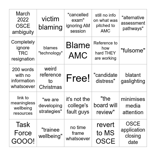 RANZCP "Update" Email Bingo Card