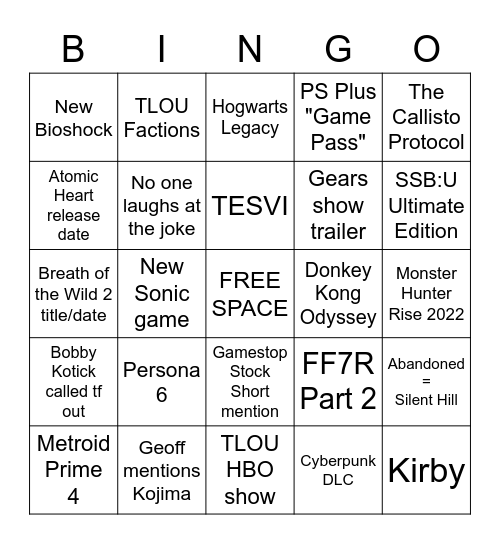 TGA 2021 Bingo Card
