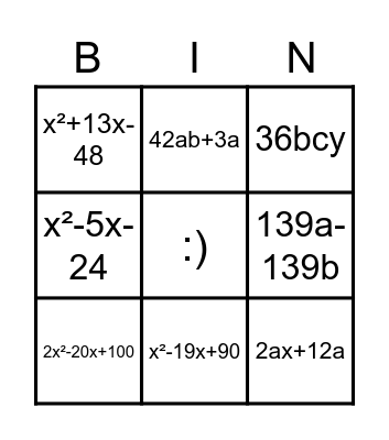 ALGEBRA BINGO Card