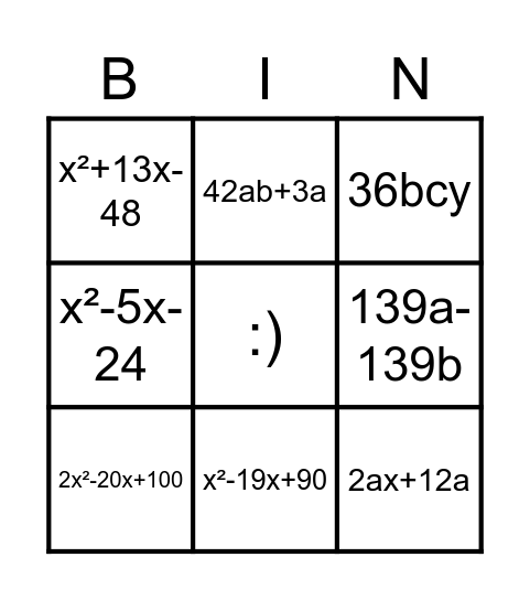 ALGEBRA BINGO Card