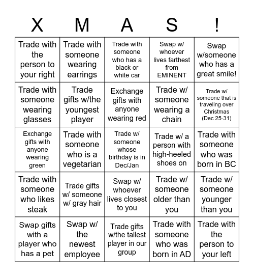 Marketing Gift Exchange Game Bingo Card