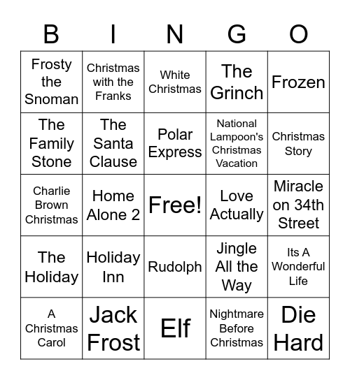 Christmas Movie Bingo Card