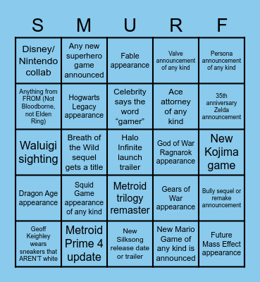 Smurf Card Bingo Card