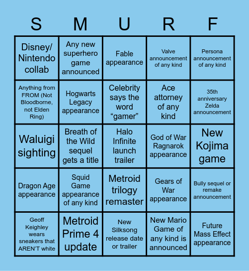Smurf Card Bingo Card