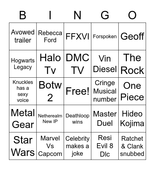 Game awards 2021 Bingo Card