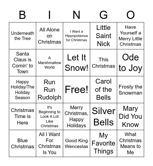 Holiday Music Bingo Card