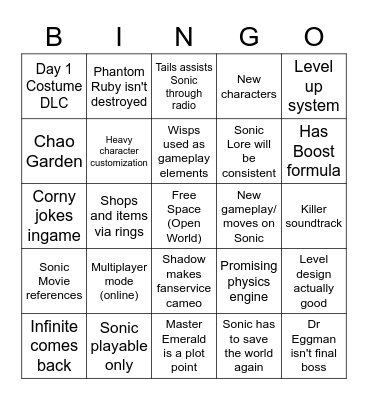 Sonic Frontiers Bingo Card