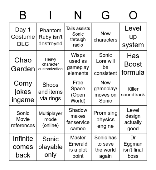 Sonic Frontiers Bingo Card