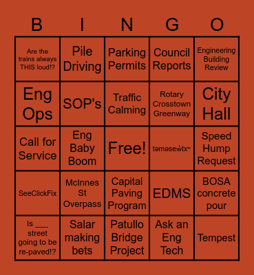 Engineering Holiday Bingo Card