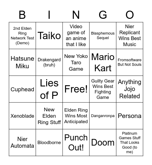 TGA Impossible Bingo Card